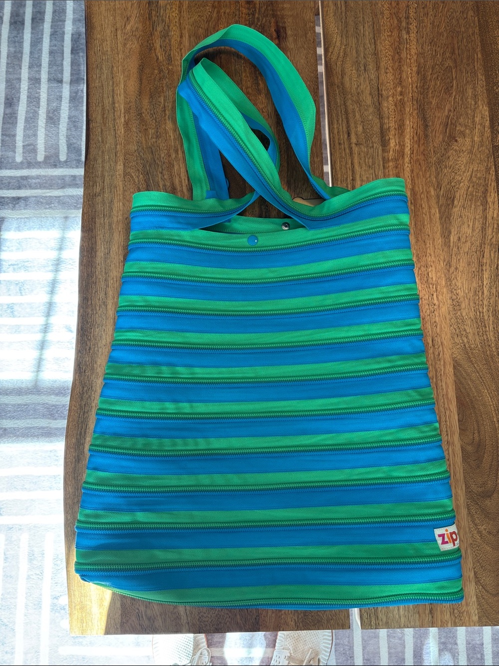 Zip Blue & Green Striped Tote Bag